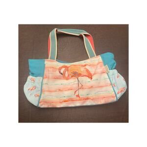 Sun N' Sand Flamingo Large Zip Top‎ Canvas Shoulder Bag Elastic Side Pockets